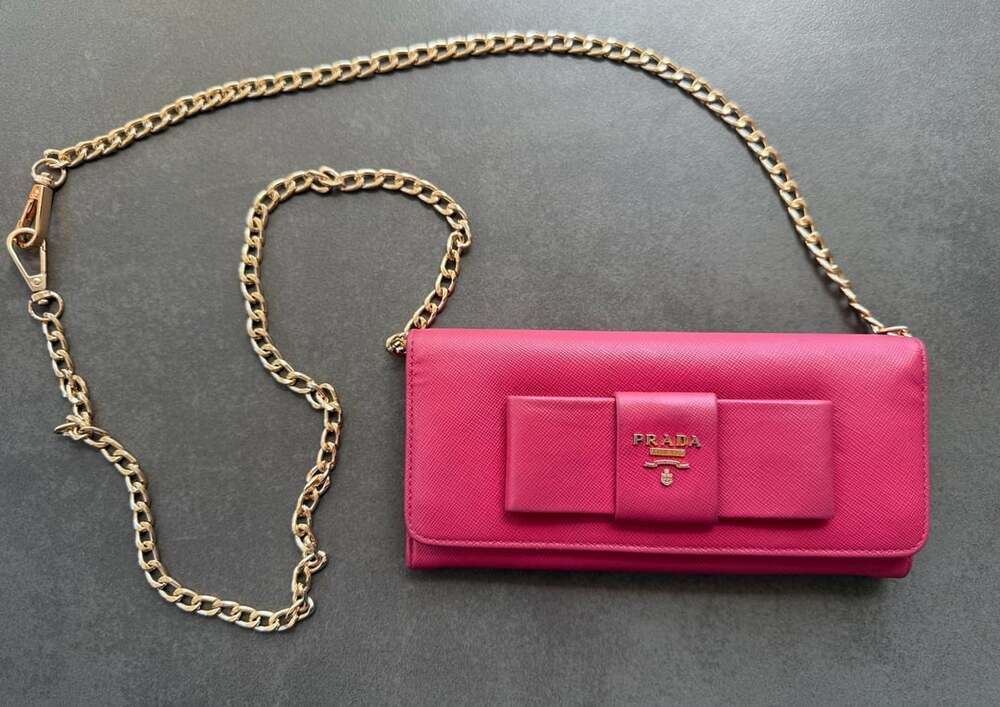 Prada Saffiano Bow Continental Wallet Pink Leather Fiocco Gold Chain Crossbody C